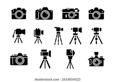 Camera and Tripod Silhouette Vector Icon Set  Photography Equipment Clip art for Designers.
