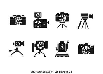 Camera and Tripod Silhouette Vector Icon Set  Photography Equipment Clip art for Designers.