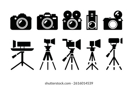 Camera and Tripod Silhouette Vector Icon Set  Photography Equipment Clip art for Designers.