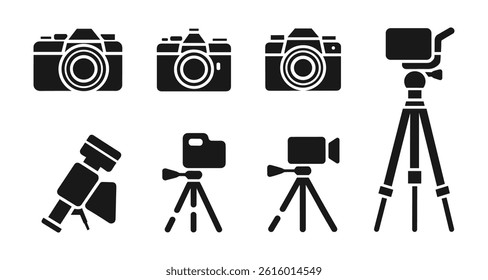 Camera and Tripod Silhouette Vector Icon Set  Photography Equipment Clip art for Designers.