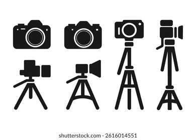 Camera and Tripod Silhouette Vector Icon Set  Photography Equipment Clip art for Designers.