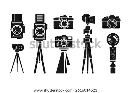 Camera and Tripod Silhouette Vector Icon Set  Photography Equipment Clip art for Designers.
