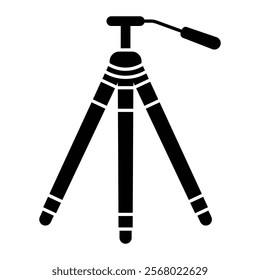 Camera tripod vector icon. Photography stand symbol for photo camera equipment, photography gear, and filming support. Black silhouette isolated on white background.