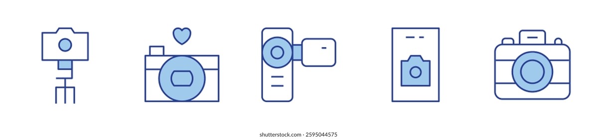 camera, camera tripod, video camera. Camera Icon vector illustration. Line Duotone style. Editable stroke.