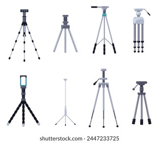 Camera tripods. Vector set of various types of modern and traditional tripods for photography and video, flat design, isolated on white