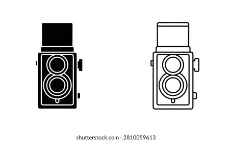 Camera Twin-Lens Reflex Solid Black Silhouette and Outline Icon Pair on a Clean White Background