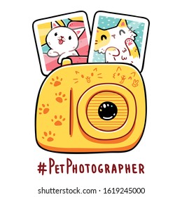 A camera, two photos of cute white puppy and white and orange kitten, pet photographer hashtag below. Design for t-shirts, stickers, posters. Isolated on white background.