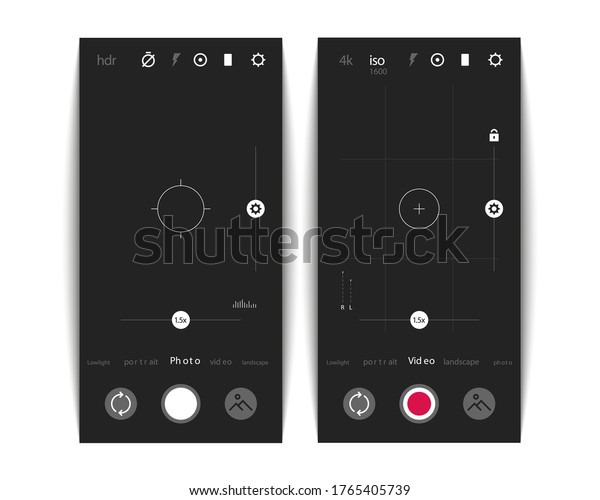 カメラui 写真とビデオのファインダーとuiエレメントとボタンを備えた携帯電話アプリケーション アイコンseto 手描きのr フラッシュとベクター画像デザインの電話画面 のベクター画像素材 ロイヤリティフリー