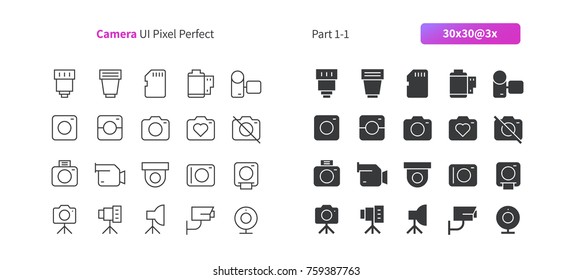 Camera UI Pixel Perfect Well-crafted Vector Thin Line And Solid Icons 30 3x Grid for Web Graphics and Apps. Simple Minimal Pictogram