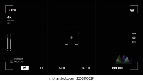 Camera user interface in the viewfinder and live view overlay frame template. Photo, video ui for cellphone. Camera screen mockup for photography application, selfie and video. The record from the cam
