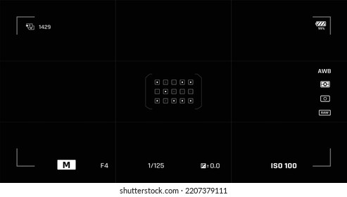 Camera user interface in the viewfinder and live view overlay frame template. Photo, video ui for cellphone. Camera screen mockup for photography application, selfie and video. The record from the cam