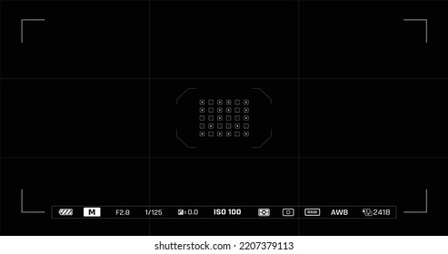 Camera user interface in the viewfinder and live view overlay frame template. Photo, video ui for cellphone. Camera screen mockup for photography application, selfie and video. The record from the cam