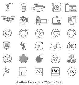Camera utilities, essential icon vector illustration for modern digital photography, retro equipment, creative outline, minimal flat design