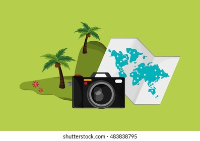 camera with vacation travel icons image