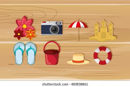 camera with vacation travel icons image