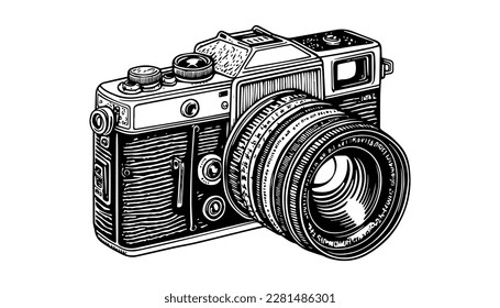 Camera vector black line illustration isolated white. Sketch art