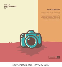 Camera vector cartoon design with hand drawn lines for the object and vintage color concept. good template for world photography day design