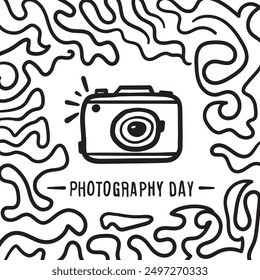 Camera vector cartoon in hand drawn design with abstract waving black white lines background design for world photography day template