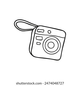 Clipart de Vector de cámara en estilo doodle. Icono de cámara simple arte de línea. Elemento de diseño. Stock de Imagen aislada sobre un fondo blanco.  