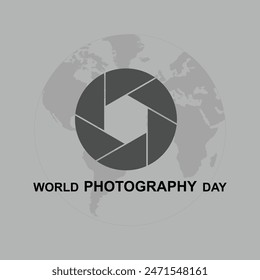 Diseño de Vector de cámara, Día Mundial de la Fotografía con fondo de mapa mundial
