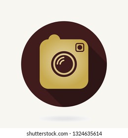 Camera vector flat golden icon in the circle with long shadow
