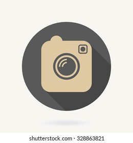 Camera vector flat golden icon in the silver circle with long shadow