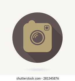 Camera vector flat icon with long shadow. Brown and golden colors