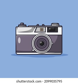 icono del vector de cámara, ilustración de dibujos animados sobre fondo azul para web, página de inicio, etiqueta, pancarta, volante, papel tapiz
