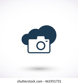 Camera vector icon. Cloud pictogram. Graphic symbol for web design, logo. Isolated sign on a white background.