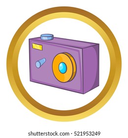 Camera vector icon in golden circle, cartoon style isolated on white background