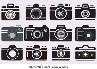 Ícone de vetor de câmera definido com ilustração, foto da câmera instantâneo captura fotografia obturador flash digital. 