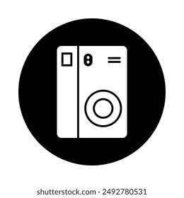 The camera vector icon is a white symbol, with a black circle background.