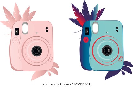 camera vector illustration with feathers. cameras with white background
