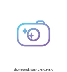 Icono de contorno gráfico de ilustración de vector de cámara. El fotógrafo es un símbolo sencillo en un degradado azul y violeta. Aislado.