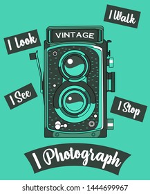 Camera vector illustration. vintage camera vector for t shirt design. camera hand drawn illustration with vintage color. vintage camera vector with lettering typography