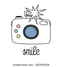 Camera vector line icon. Camera flash and lettering Smile print isolated on white background. Photo shooting vector illustration