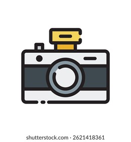 Camera Vector for Travel Photography and Vacation Memories. Photo device illustration. Travel documentation concept. Filled Line Icon