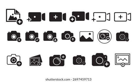 Camera and Video Add Icon Set . Photo Upload, Media Creation, and Gallery Symbols Collection