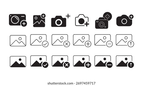 Conjunto de Ícones de Adição de Câmera e Vídeo. Carregamento de Fotos, Criação de Mídia e Coleção de Símbolos de Galeria