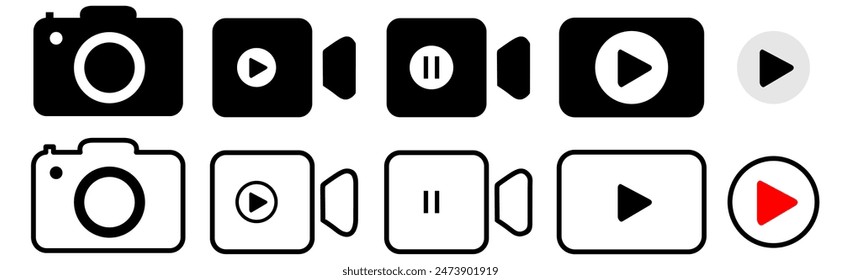 Camera video icon. Camera icon. Play icon button. Audio player icon. Video streaming web icons