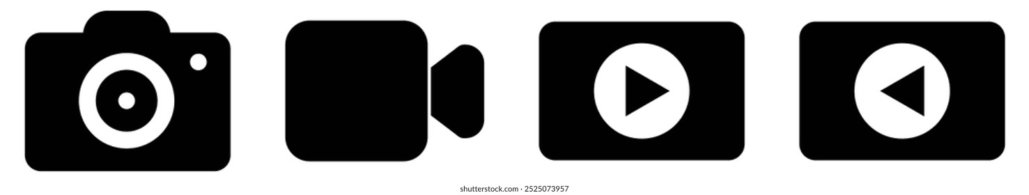 Camera video icon. Camera icon. Play icon button. Audio player icon. Video streaming web icons.
