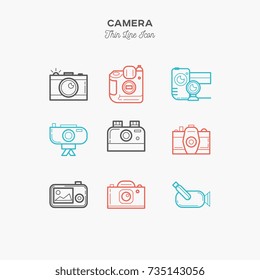 camera, video camera and more, thin line color icons set, vector illustration