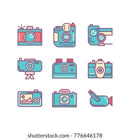 camera, video camera and more, thin line color icons set, vector illustration