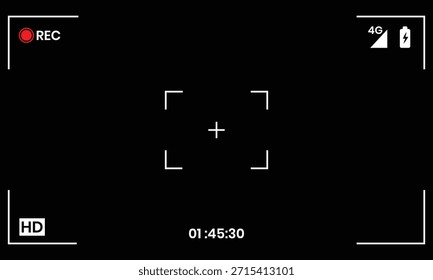 Kamera Video Aufnahme Bildschirm HD-Symbol. Frame-Videoaufnahme, Bildschirm. REC-Symbol, Akkustand, Fokusrahmen und Zeitgeber auf 01:45:30 eingestellt. Vektorgrafik.