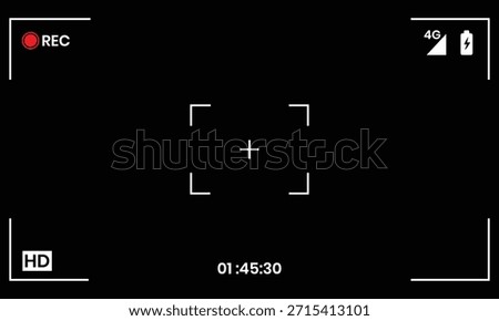Camera video recording screen HD icon. Frame video recording, video screen. REC icon, battery level, focus frame, and timer set to 01:45:30. Vector illustration.