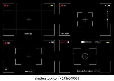 Camera video screen settings. A set of templates. Digital camera interface. Black background. Vector illustration.
