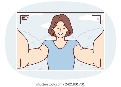 Camera view with woman filming herself with arms outstretched to create video selfie. Happy girl is recording movie while standing in nature during walk in park or summer travel. Flat vector image