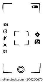 Camera viewfinder application interface on smartphone, screen. Photo shooting mode. Doodle style sketch. Vector illustration.