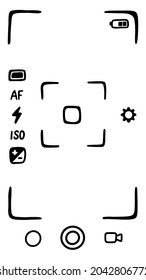 Camera viewfinder application interface on smartphone, screen. Photo shooting mode. Doodle style sketch. Vector illustration.