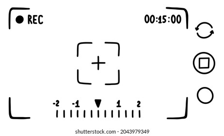 Camera viewfinder application interface on smartphone, screen. Movie mode. Doodle style sketch. Vector illustration.